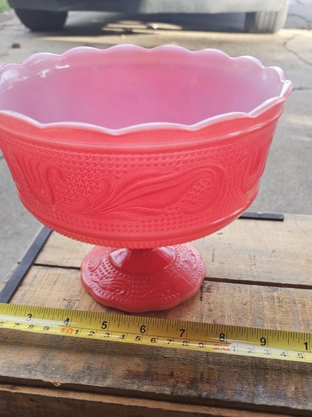 Vintage E.O. Brody Pink Satin Glass Pedestal Compote Bowl Scalloped Floral